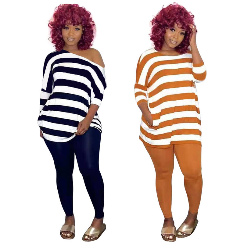 2021 Anti-UV Casual 2 Piece Set Stripe Leisure Off Shoulder Set Top And Pant Set Running Jogging Outfits