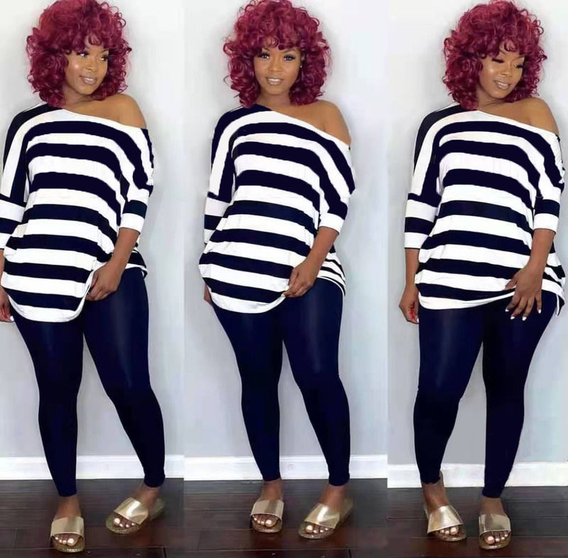 2021 Anti-UV Casual 2 Piece Set Stripe Leisure Off Shoulder Set Top And Pant Set Running Jogging Outfits
