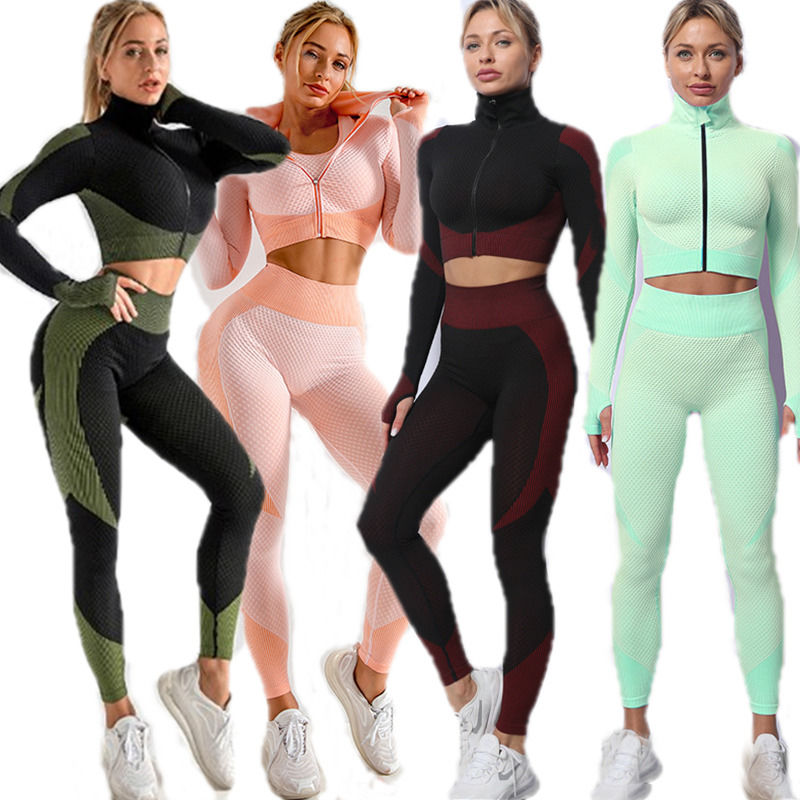 2021 New Antibacterial 3 Piece Set Running Jogging Sportswear Jacket Tank Top Women Skninny And Pants Yoga Wear
