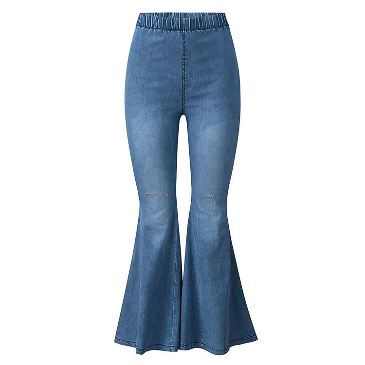Color Fade Proof High Waist Elastic Waist Knee Ripped Bell Bottom Women Jeans Flare Pants