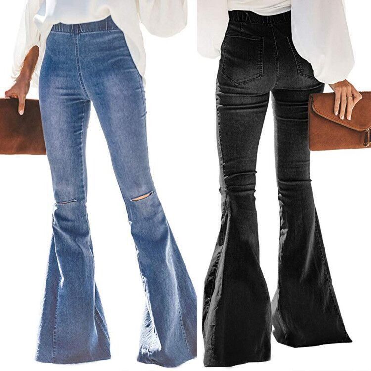 Color Fade Proof High Waist Elastic Waist Knee Ripped Bell Bottom Women Jeans Flare Pants
