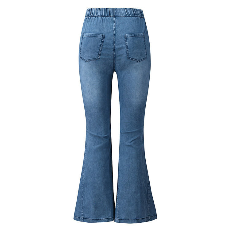 Color Fade Proof High Waist Elastic Waist Knee Ripped Bell Bottom Women Jeans Flare Pants