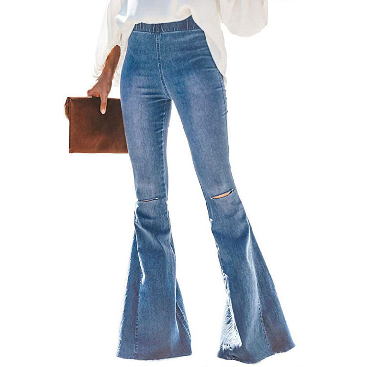 Color Fade Proof High Waist Elastic Waist Knee Ripped Bell Bottom Women Jeans Flare Pants