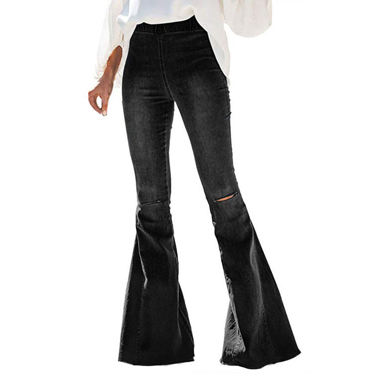 Color Fade Proof High Waist Elastic Waist Knee Ripped Bell Bottom Women Jeans Flare Pants