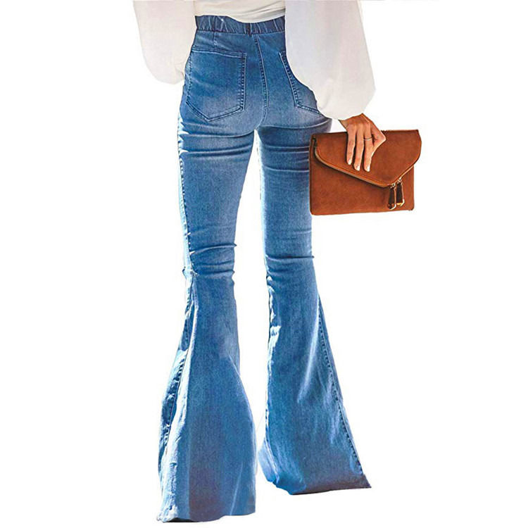 Color Fade Proof High Waist Elastic Waist Knee Ripped Bell Bottom Women Jeans Flare Pants