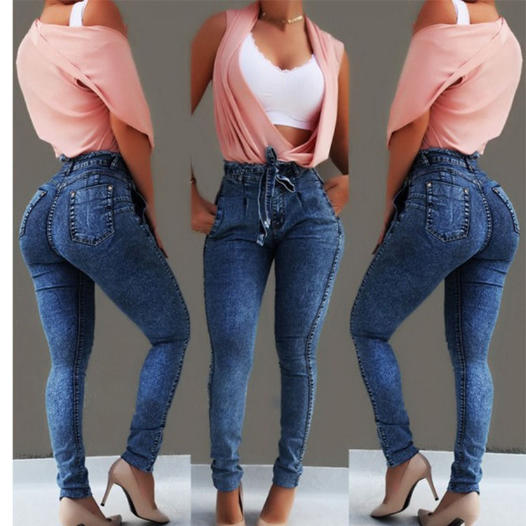 Waistband Tassel Color Fade Proof High Quality High Waisted Skinny Pencil Jeans Woman Elastic Jeans
