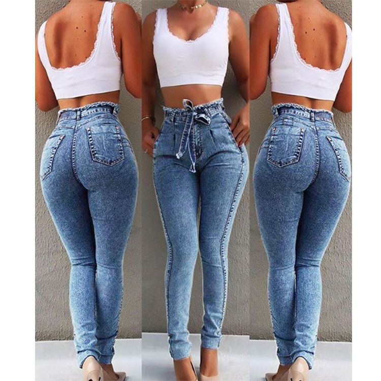 Waistband Tassel Color Fade Proof High Quality High Waisted Skinny Pencil Jeans Woman Elastic Jeans