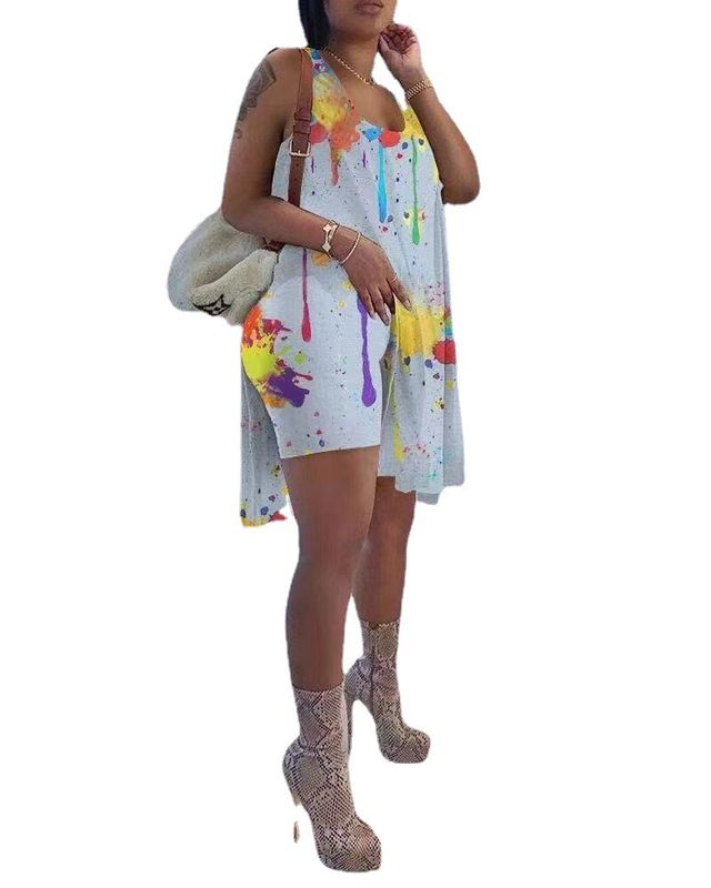 2021 Anti-UV Tie Die 2 Pieces Set Splatter-ink Printing Shorts Outfits Irregular Asymmetric Edge