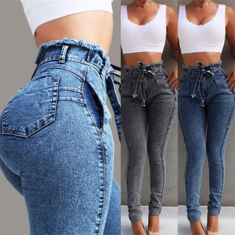 Waistband Tassel Color Fade Proof High Quality High Waisted Skinny Pencil Jeans Woman Elastic Jeans