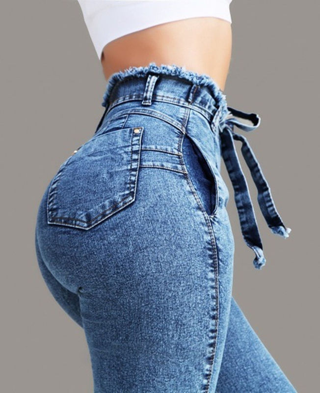 Waistband Tassel Color Fade Proof High Quality High Waisted Skinny Pencil Jeans Woman Elastic Jeans
