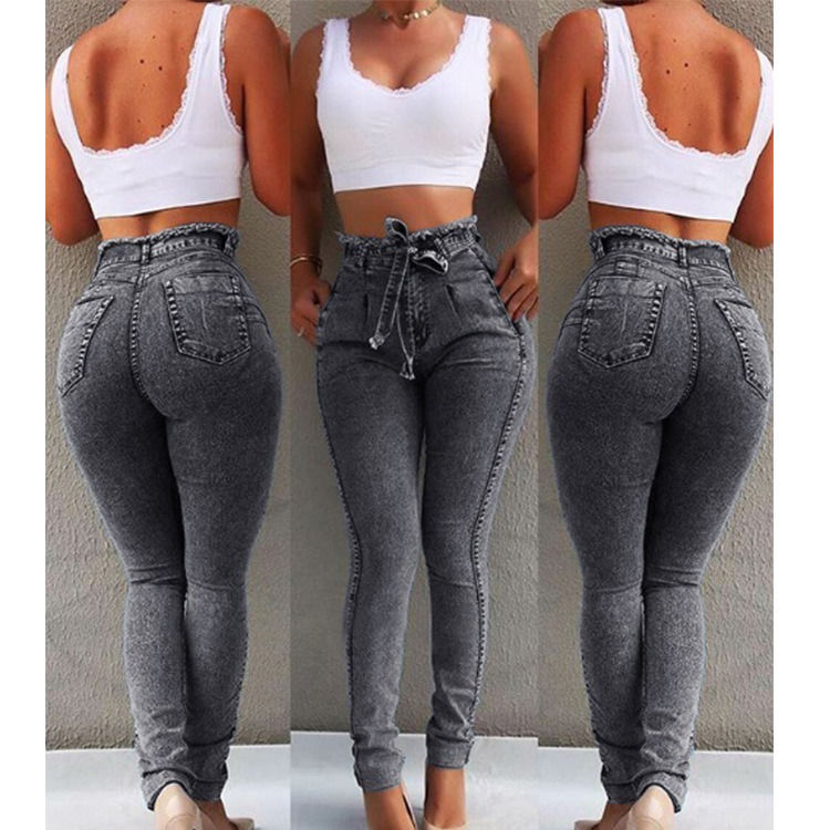 Waistband Tassel Color Fade Proof High Quality High Waisted Skinny Pencil Jeans Woman Elastic Jeans