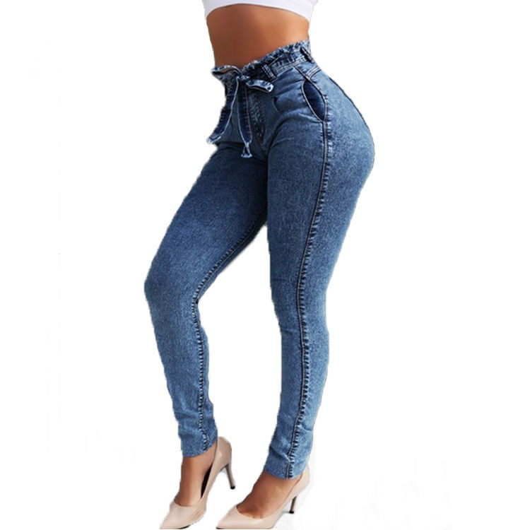 Waistband Tassel Color Fade Proof High Quality High Waisted Skinny Pencil Jeans Woman Elastic Jeans