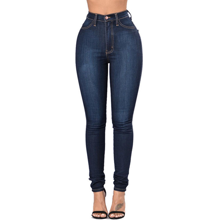Color Fade Proof High Quality Women Skinny Elastic Jeans Waist Pencil Jeans High Long