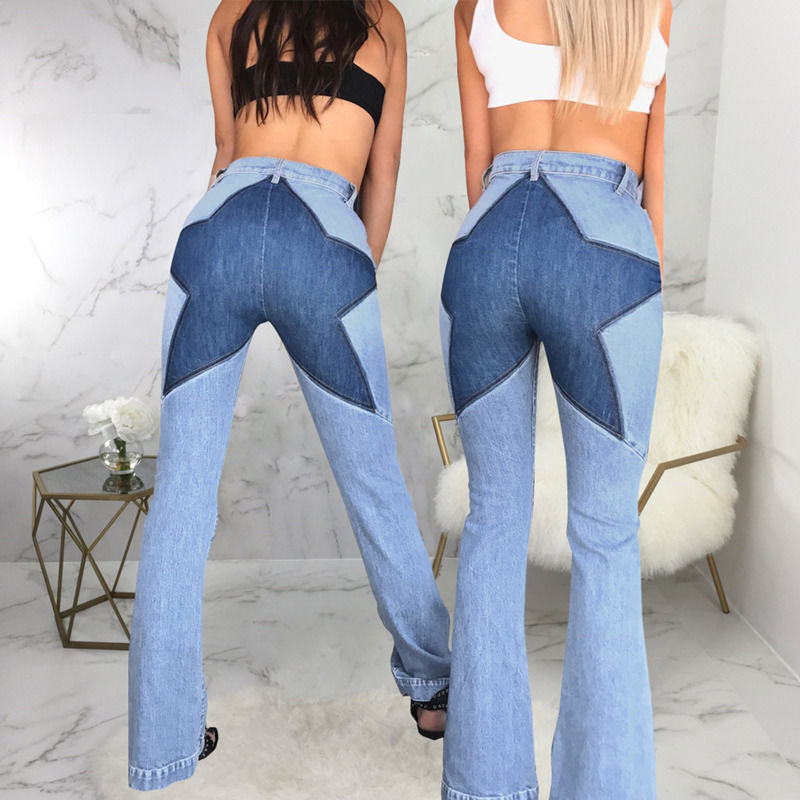 Color Fade Proof Good quality patchwork hip star jeans stitching stretch flared pants women jeans long