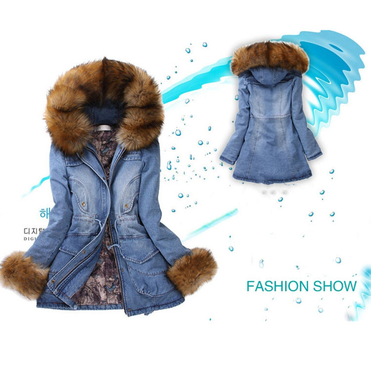 2020 Fur Collar Denim Jacket Winter Waterproof Thick Cotton-padded Hooded Jeans Coat Women