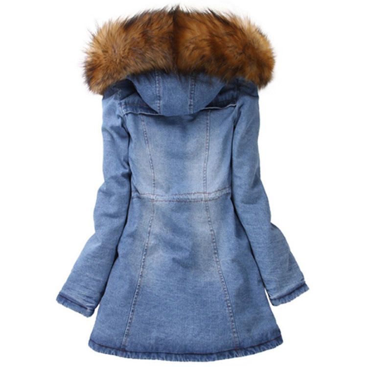 2020 Fur Collar Denim Jacket Winter Waterproof Thick Cotton-padded Hooded Jeans Coat Women