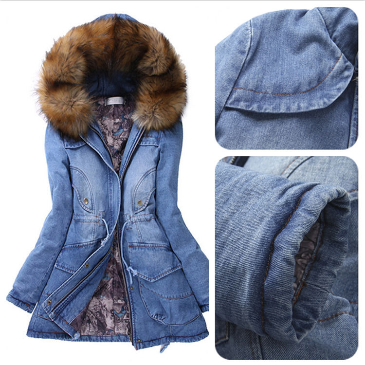 2020 Fur Collar Denim Jacket Winter Waterproof Thick Cotton-padded Hooded Jeans Coat Women