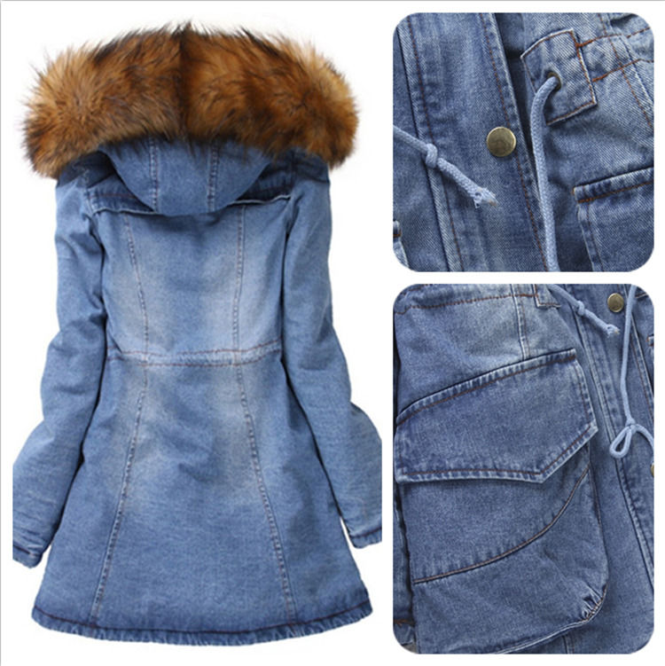 2020 Fur Collar Denim Jacket Winter Waterproof Thick Cotton-padded Hooded Jeans Coat Women