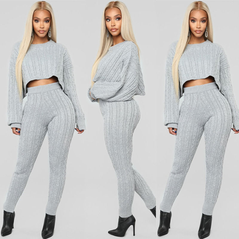 2020 winter two piece anti-shrink clothing set solid sweater top and pants set warm sweater