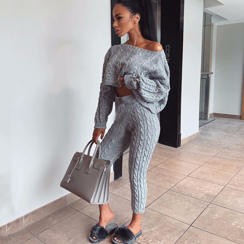 2020 winter two piece anti-shrink clothing set solid sweater top and pants set warm sweater
