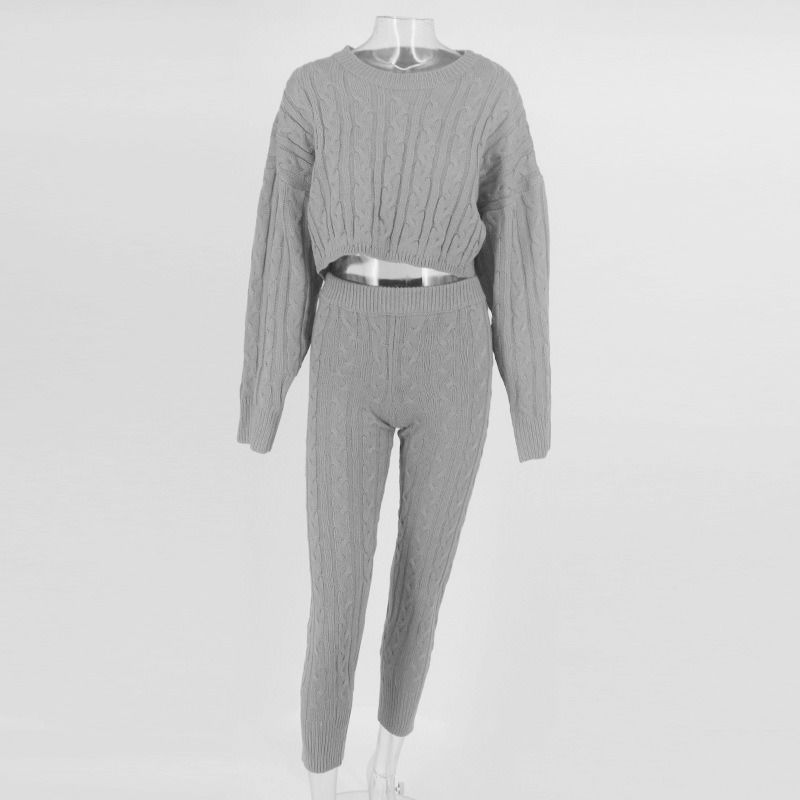 2020 winter two piece anti-shrink clothing set solid sweater top and pants set warm sweater