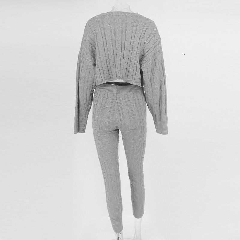 2020 winter two piece anti-shrink clothing set solid sweater top and pants set warm sweater