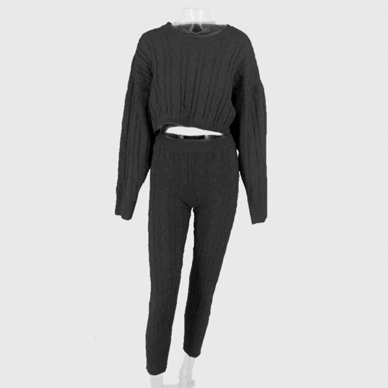 2020 winter two piece anti-shrink clothing set solid sweater top and pants set warm sweater
