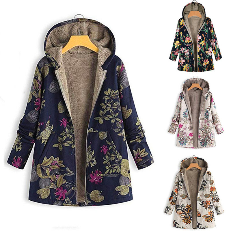 Waterproof ready to ship cotton and printed warm hoodie fleece canvas women coat winter jacket
