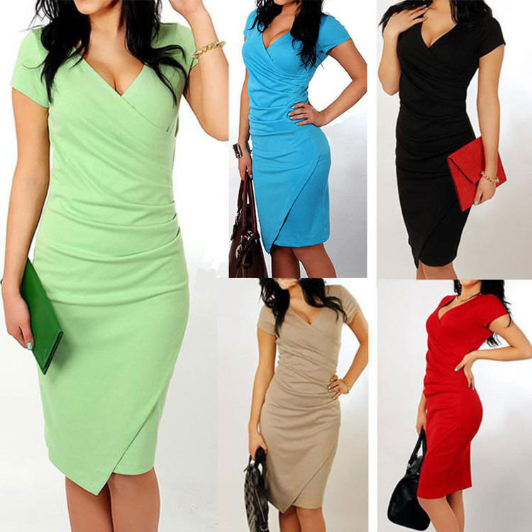 Wholesale Anti-Static Casual Dress Office Pencil Dress Plus Size Bodycon Pleated Dress
