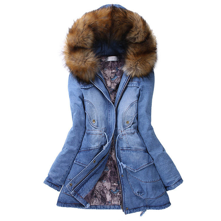 Fashion thick cotton-padded fur collar denim jacket winter hooded jeans waterproof coat women