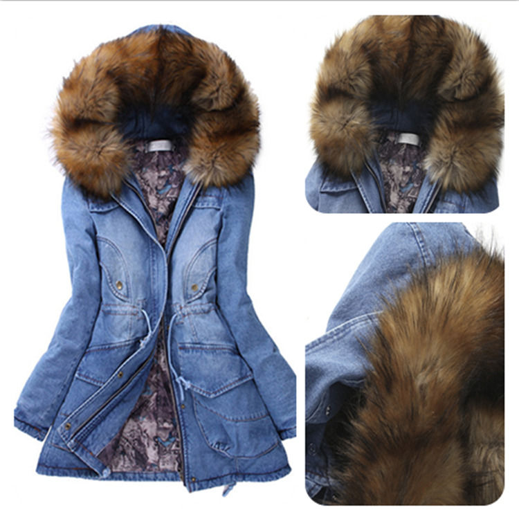 Fashion thick cotton-padded fur collar denim jacket winter hooded jeans waterproof coat women