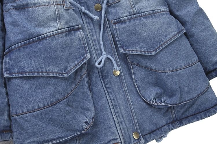 Fashion thick cotton-padded fur collar denim jacket winter hooded jeans waterproof coat women