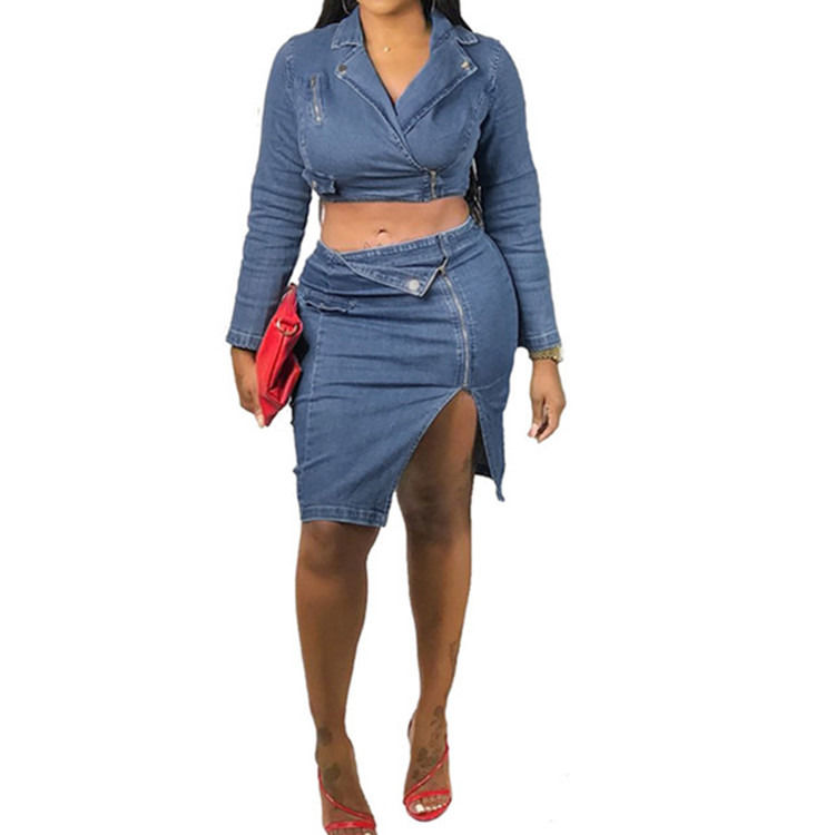 Fashion style plus size sexy denim lattice skirt with upper set two pieces set lattice casual skirt