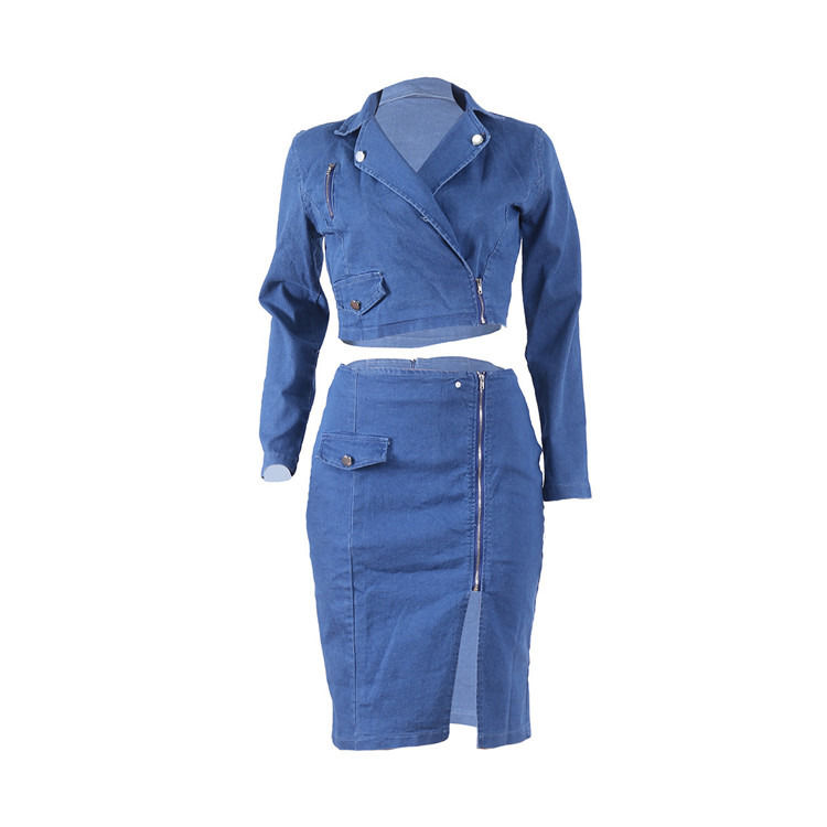 Fashion style plus size sexy denim lattice skirt with upper set two pieces set lattice casual skirt