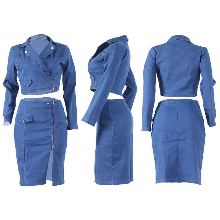 Fashion style plus size sexy denim lattice skirt with upper set two pieces set lattice casual skirt