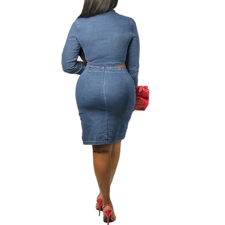 Fashion style plus size sexy denim lattice skirt with upper set two pieces set lattice casual skirt